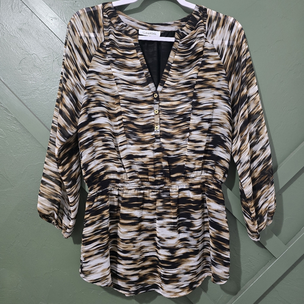 Calvin Klein XS Stylish Black and Tan Patterned‎ Blouse